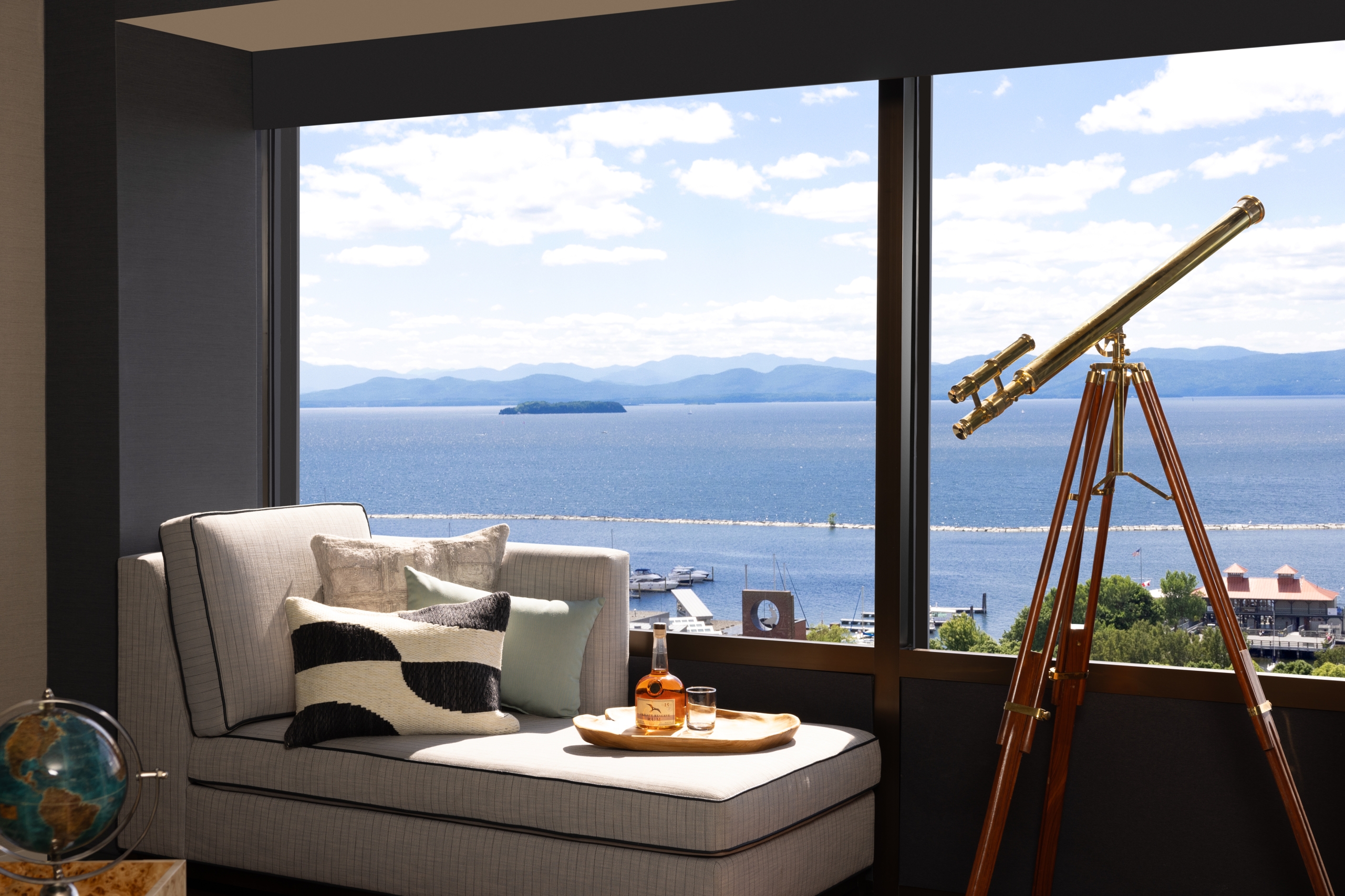 Presidential hotel guest room at Hotel Champlain Burlington overlooking Lake Champlain