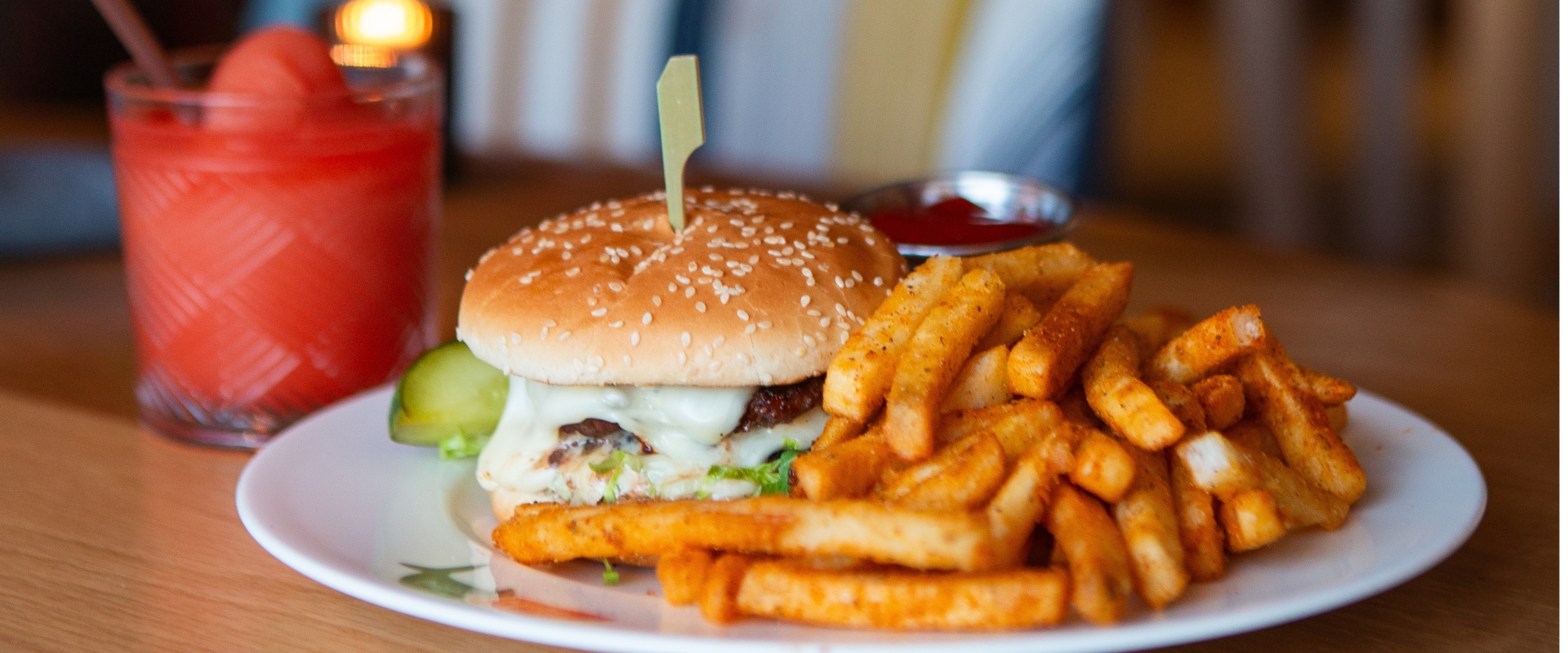 Skiff Social Burger with Fries and Frozen Drink