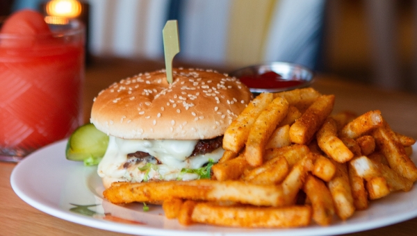 Skiff Social Burger with Fries and Frozen Drink